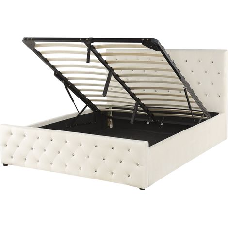 Cama doble tapizada en terciopelo beige 140 x 200 cm con almacenamiento cabecero acolchado Amiens