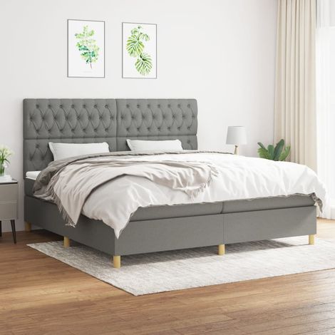 Lit à sommier tapissier avec matelas - Cadre De Lit Moderne: King Size - Lit Double - Gris foncé 200x200cm Tissu Chic-886711 (1/4)
