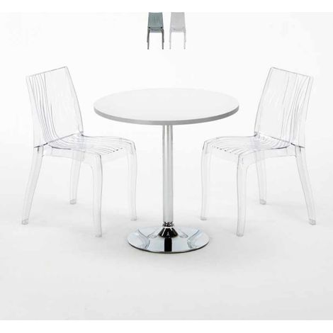 Table Ronde Blanche 70x70cm Avec 2 Chaises Colorées Et Transparentes Set Intérieur Bar Café Dune Silver - Transparent (1/5)