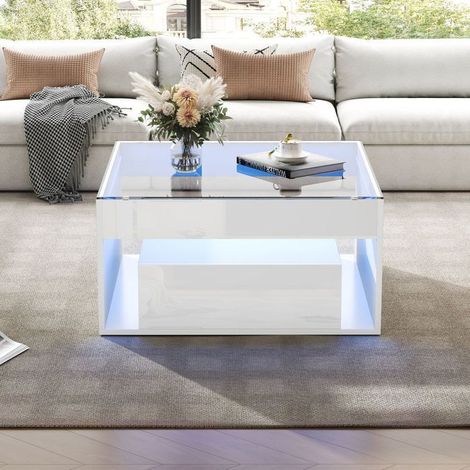 Table basse 70x70x40, plateau verre trempé avec LED, table basse salon avec 2 tiroirs, design ajouré blanc (1/5)