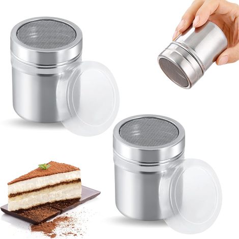 Set di 2 saliere in acciaio inox per zucchero a velo con saliera per cacao fresco, ideale per cacao, cappuccino, caffè, cioccolato, zucchero e sale, perfette per cucinare e preparare dolci. (1/5)