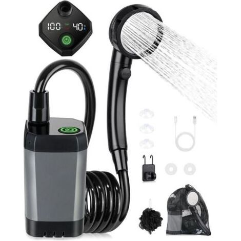 Kit Douche de Camping, Douche Portable,Pompe de Douche Électrique Rechargeable,Imperméable, avec Afficheur Intelligent et Pomme de Douche 4 Modes pour Extérieure,Camping,Randonnée (1/4)