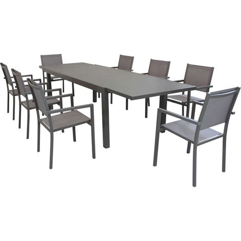 DEXTER - set tavolo in alluminio cm 200/300 x 100 x 74 h con 8 poltrone Venus