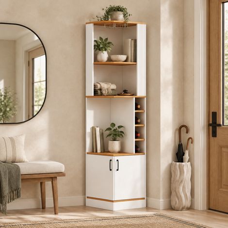 Credenza angolare portabottiglie con portabicchieri, 40 x 40 x 182 cm, bianca, in MDF (1/5)