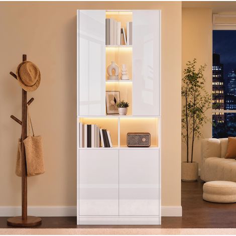 Hochschrank 70/35/180 cm Weiß mit App-gesteuerter LED und Acryl-Sichtfenster (1/5)