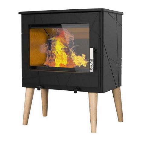 Supra – Poêle à bois 8,7 kW en fonte – Double combustion – Vision du feu 60 cm – Évacuation des fumées arrière – Flamme verte 7 étoiles