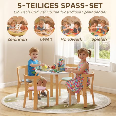 Lot de table et chaises enfant 5 pièces, bois massif léger, multicolore (1/5)