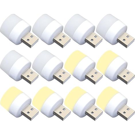 Lot de 12 mini ampoules LED USB de nuit, sans capteur de lumière, à brancher, blanc chaud, compact, idéal pour chambre, salle de bain, cuisine, voiture (6 blancs, 6 chauds) (1/5)