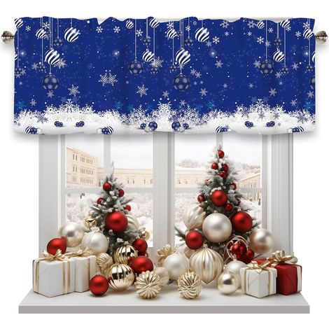Valance De Noël - Motif Flocon De Neige Et Boule De Noël - Pour Fenêtre De Cuisine Salle De Bain Chambre - 54 x 18 Pouces - 1 Panneau (1/5)