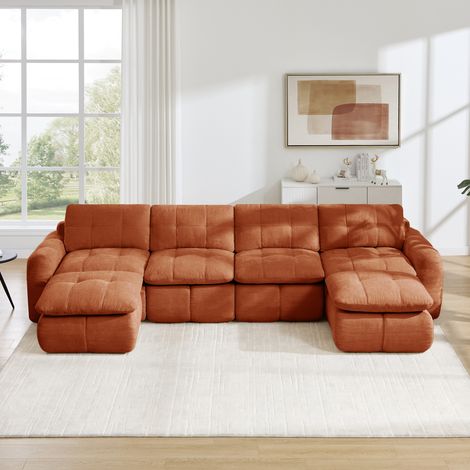 Canapé fixe, droit, modulaire, en tissu chenille, orange, 334 x 160 x 68 cm (1/5)