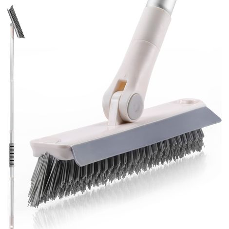 Brosse à joints avec long manche, brosse à récurer 2 en 1 avec raclette, nettoyeur de douche, brosse pivotante à poils rigides pour nettoyer les plinthes, le carrelage, le sol, la salle de bain (1/5)