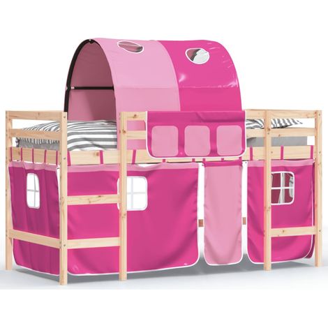 Lit mezzanine enfants avec tunnel rose 90x190 bois pin massif (1/5)