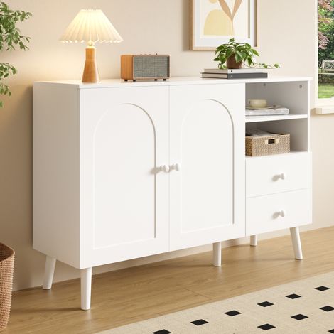Modernluxe - Buffet moderne 118x35x82 cm - 2 portes, 2 tiroirs et 2 étagères ouvertes - Poignées et pieds en bois - MDF - Blanc (1/5)