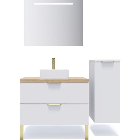Meuble de salle de bain suspendu vasque à poser 90cm 2 tiroirs Blanc + miroir + colonne ouverture droite - Venice (1/5)