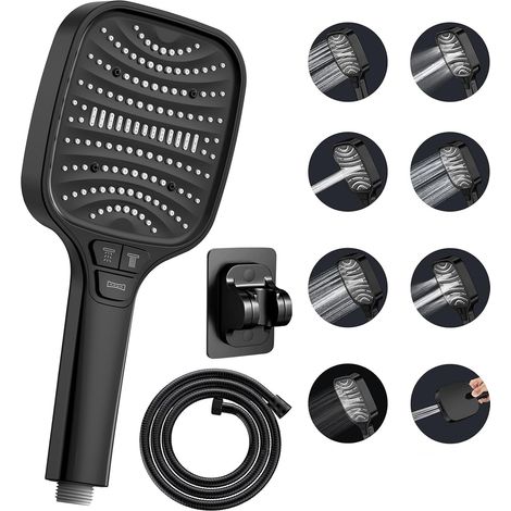 Pommeau de douche avec tuyau et support mural – Pommeau de douche à 8 réglages avec 4 boutons– Ensemble de pommeau de douche à effet pluie puissant (1/5)