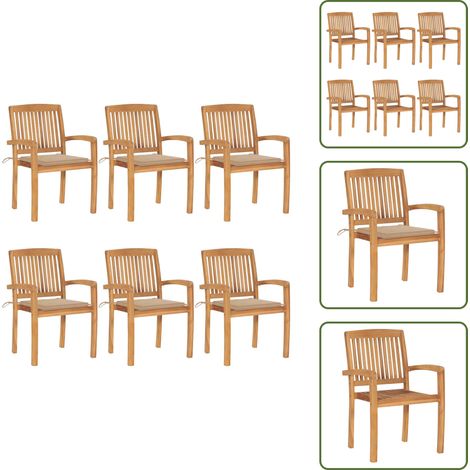 The Living Store Stapelbare Gartenstühle mit Kissen 6 Stk. Massivholz Teak - Teakholz (1/5)