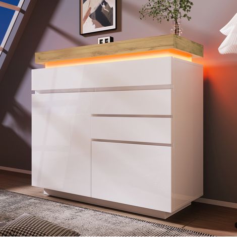 meuble rangement LED blanc 115 cm 2 portes 3 tiroirs OKMYHOME (1/5)