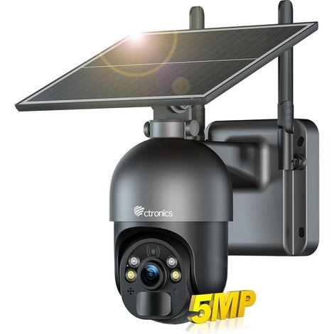 Ctronics 5MP Caméra Surveillance Panneau Solaire 6W Alarme Sonore&Lumineuse Contrôle à Distance PC/Téléphone Vision Nocturne Couleur Détection Humaine Noir (1/5)