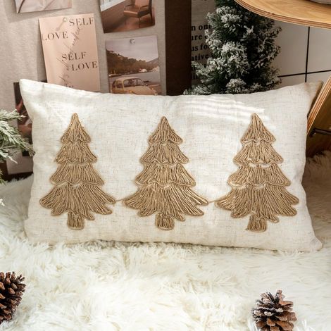Housse de coussin lombaire sapin de Noël, housse de coussin décorative rustique en toile de jute avec broderie de corde marron, pour décoration de maison d'automne et d'hiver, 12x20 pouces, 1 pièce (1/4)