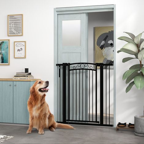 Cancelletto per cani con larghezza regolabile 76-104 cm, barriera di sicurezza con 2 estensioni e doppio meccanismo di bloccaggio, nero.