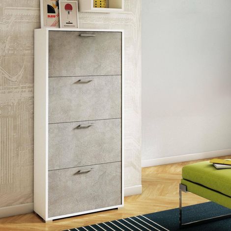Étagère à chaussures rose, meuble d'entrée polyvalent avec 4 portes pliantes, meuble à chaussures double profondeur, 67x28h147 cm, blanc et ciment (1/5)