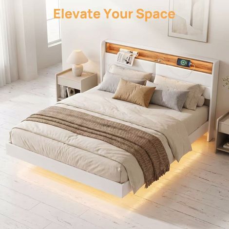 HAUSPROFI Schwebendes Polsterbett mit LED Beleuchtung, Bettgestell, RGB Farbwechsel, USB Ladestation, höhenverstellbares Kopfteil, Stauraum, Lattenrost, Leinenoptik Weiß (1/5)