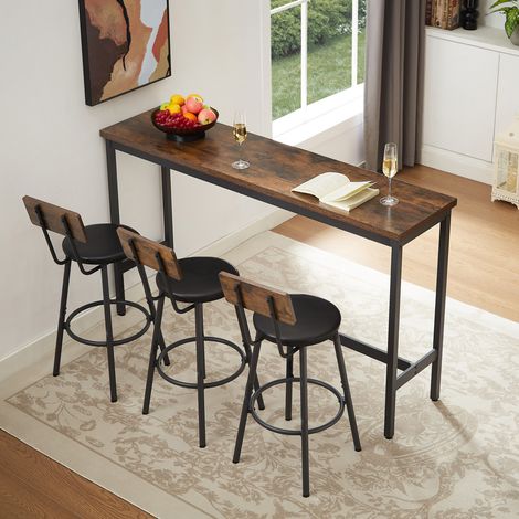 Conjunto de mesa de bar de 160 cm con 3 taburetes acolchados, estilo industrial, color marrón rústico y negro (1/5)