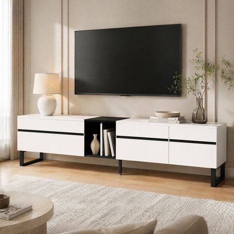 Mobile TV bianco 180 cm con anta ribaltabile, nicchie aperte e ante HAVRYA (1/5)