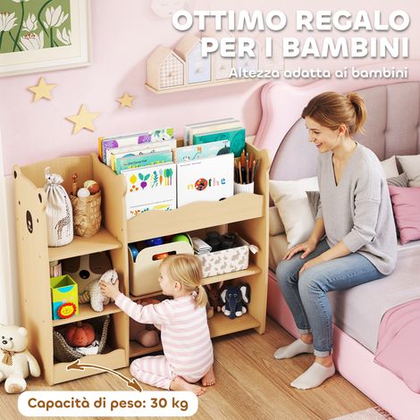 Étagère en bois naturel pour jeux enfants 3-8 ans, 92x29x79 cm, avec casiers ouverts et tiroirs de rangement. (1/5)