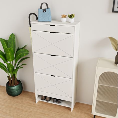 Zapatero blanco de MDF, 3 abatibles, 2 niveles, cajón superior, 63 x 26 x 136,5 cm (1/5)