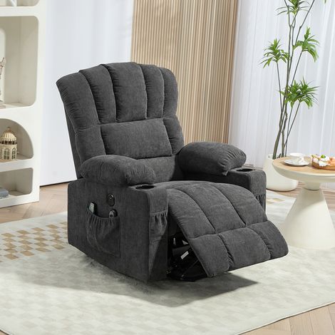 Sillón reclinable eléctrico con función de masaje y calor, puertos USB, portavasos, color gris oscuro. (1/5)