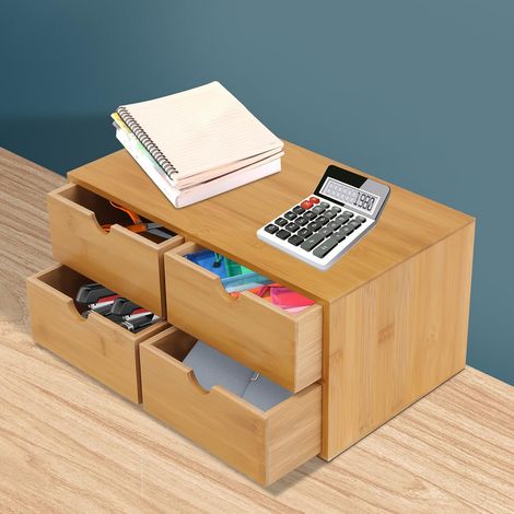 Schreibtisch-Organizer aus Bambus mit 4 Schubladen zur Aufbewahrung einer Vielzahl von Alltagsgegenständen, geeignet für das Büro (Holzfarbe) (1/5)
