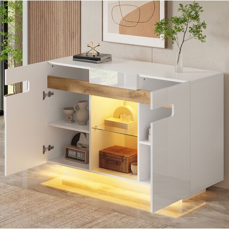 LED-Sideboard 120 x 40 x 80 cm aus Spanplatte und Hartglas, Weiß und Holzoptik OKMYHOME (1/5)