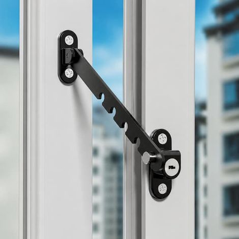 Limiteur de fenêtre réglable 5 positions en acier au carbone, lot de 2, pour la ventilation et le verrouillage sécurisé des fenêtres à battants s'ouvrant vers l'intérieur ou l'extérieur, noir (1/5)