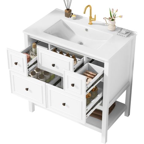 CHICFURN Meuble vasque sur pied blanc 76 x 46,5 x 82 cm avec 5 tiroirs, 4 niches ouvertes, vasque céramique intégrée et rangement de salle de bain pratique (1/5)