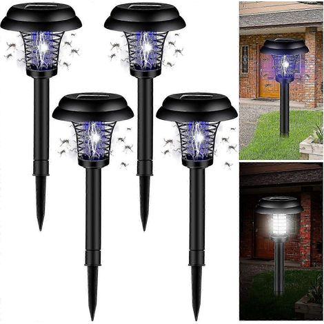 Lot de 4 lampes anti-moustiques solaires étanches d'extérieur avec fonction d'éclairage, compatibles avec les terrasses de jardin intérieures et extérieures, violettes et blanches. (1/5)