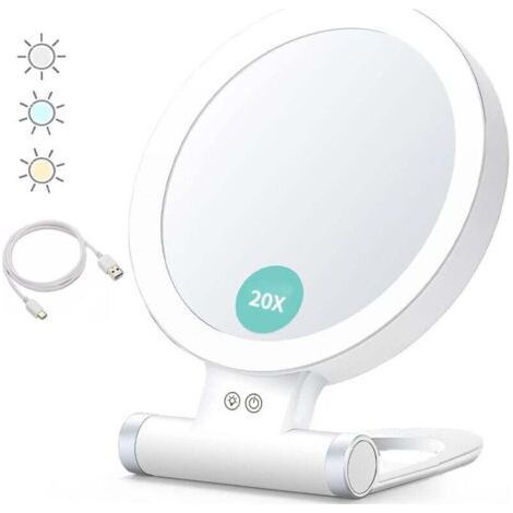 Magnifying glass with light, 20x/1x, double-sided, portable makeup mirror, three-color lighting, touch screen with adjustable brightness. (1/4)