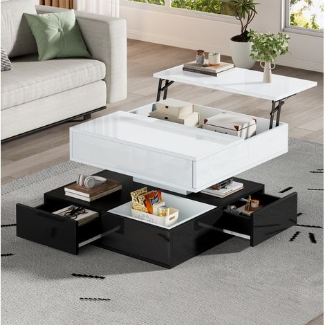 Couchtisch 70x70x40 cm schwarz-weiß aus Spanplatte mit Hochglanz, 360° drehbar, anhebbarer Platte und Stauraum (1/5)