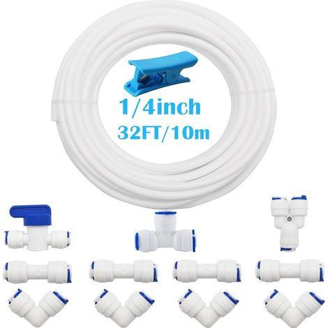 RO Water Filter Fitting, 10 Meters Diameter 1/4"/ 6.3mm Tubing, Refrigerator Tubing Fitting Set, (Y+T+I+L Type Combo Valve+Shutoff Valve)