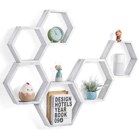 Lot de 6 étagères Hexagonales Flottantes à Montage Mural, pour Ferme, Bois en nid d'abeille, étagère Murale en nid d'abeille, Décoration de Maison, Bureau, Gris et Blanc (1/5)