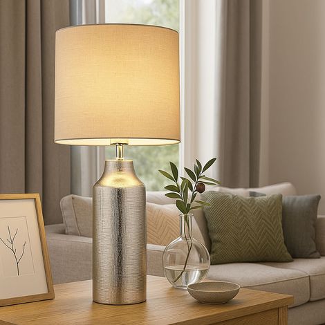 Lampe de table argent Céramique Lampe de chevet grise Lampe de chambre à coucher Textile, 1x E27, DxH 30,5 x 61 cm