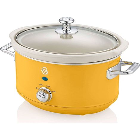 Swan Retro SF17021YELNEU Slow Cooker 3,5L Contenitore di Cottura Rimovibile, Ceramic Non-Stick PFOA & PTFE Free, 3 Livelli di Temperatura, Coperchio di Vetro, Design Vintage, Giallo, 200W