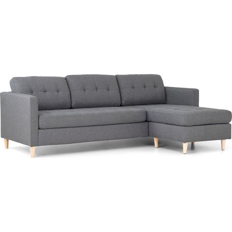 Marino Sofa, Canapé avec chaise longue réversible à droite ou à gauche, en tissu gris clair avec pieds en bois. (1/5)
