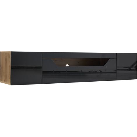 Mueble TV mural 180 x 37 x 36 cm para 75 pulgadas, negro y madera natural, con LED HOMVRA (1/5)