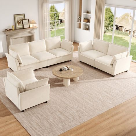 Ensemble de canapés modulaires 3+2+1 en chenille beige, 220/155/90 cm, composition flexible 6-7 places (1/5)