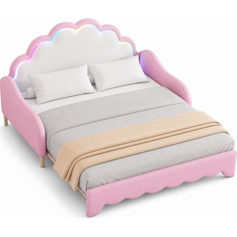 Divano letto 140x200 cm convertibile in letto piatto con testiera LED RGB, rivestimento in cuoio rigenerato rosa, per piccoli spazi e struttura MDF  CHICFURN (1/5)