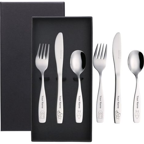 Couverts Enfant Inox 6 Pièces - Gravure Nom Personnalisée - Acier Poli Miroir - Coffret Cadeau Noir (1/5)