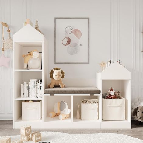 Bibliothèque et Meuble de Rangement Jouets pour Enfant avec Coussin de Lecture, Forme Maison, MDF Blanc, 121x30x108 cm (1/5)
