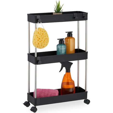 Carrito negro de 3 niveles con ruedas para cocina y baño