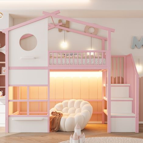 Lit mezzanine enfant 90x200 cm métal rose/blanc, rangement, gain de place, sans matelas – MEUBLIV (1/5)